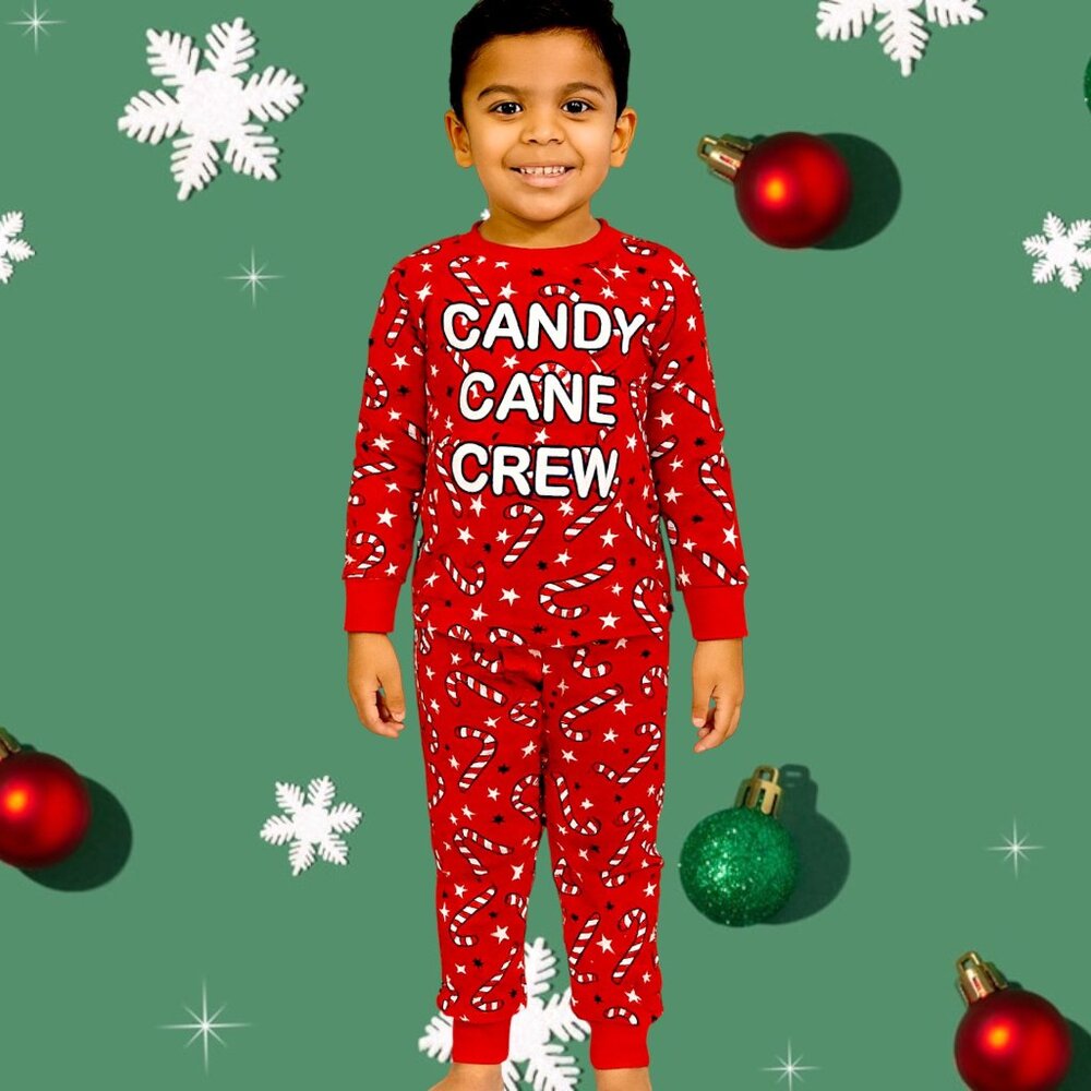 Kids Candy Cane Crew Holiday Pajama Set – Red Christmas Long Sleeve Top & Pajama